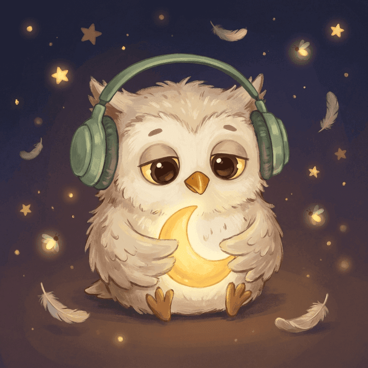 Ninu, a cream-coloured baby owl in sage-green headphones, cradling a glowing crescent moon under a starfield of fireflies.