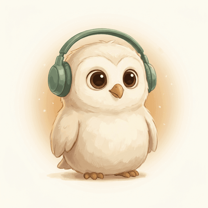 Ninu the owl standing alert in sage-green headphones, painted on a warm cream background.
