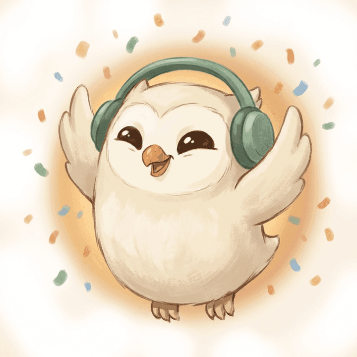 Ninu the owl with wings raised in celebration, surrounded by confetti.